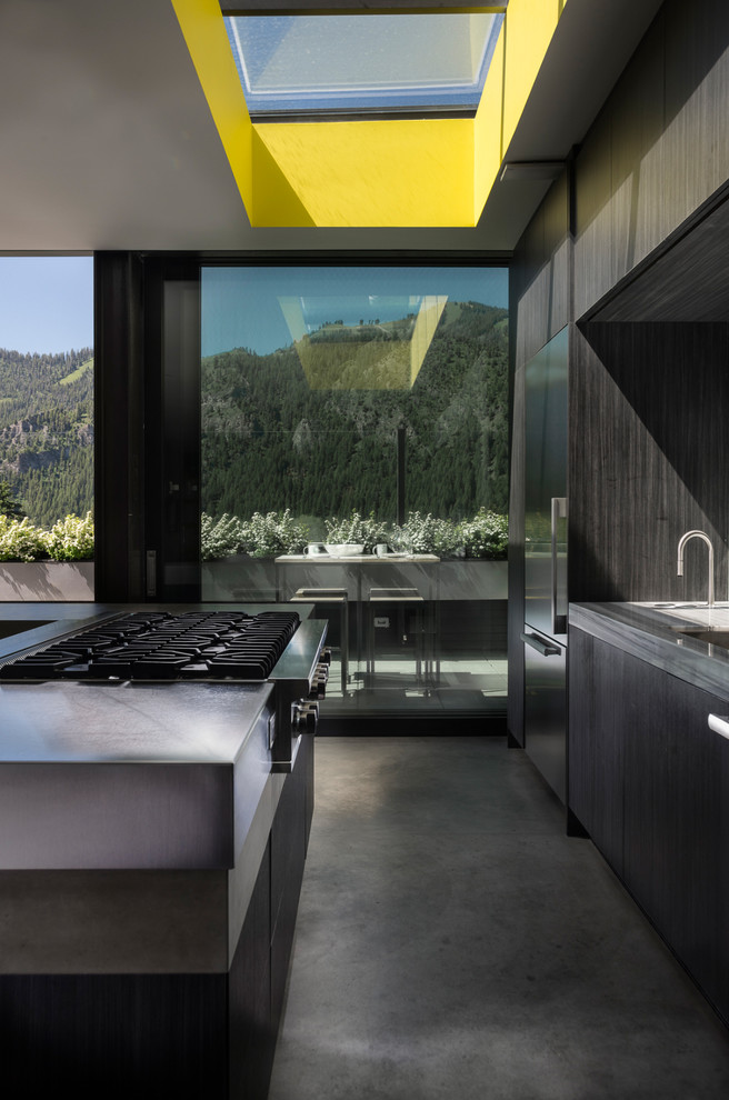 Inspiration for a contemporary galley kitchen in Boise with an undermount sink, flat-panel cabinets, dark wood cabinets, stainless steel appliances, concrete floors, with island, grey floor and grey benchtop.