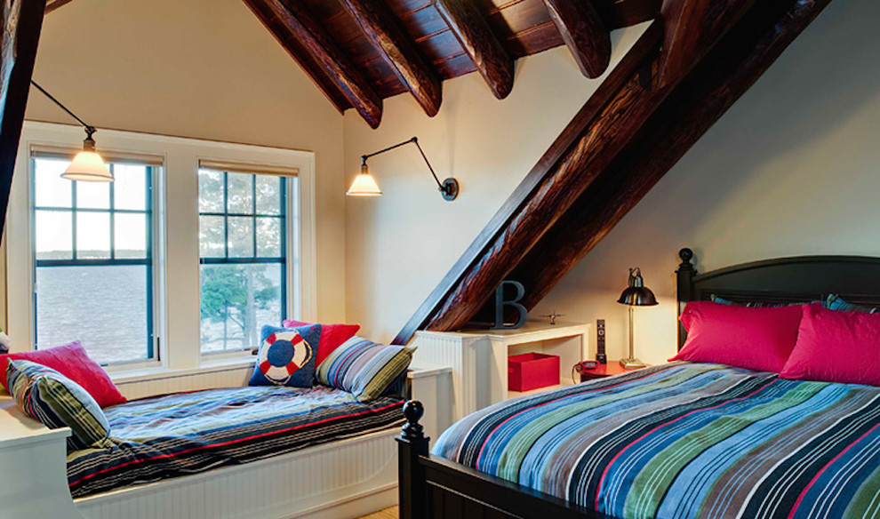 Inspiration for a mid-sized country loft-style bedroom in Other with carpet, no fireplace and beige floor.