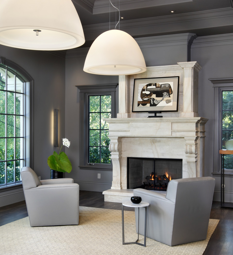 Inspiration for a transitional living room in San Francisco with grey walls and a standard fireplace.