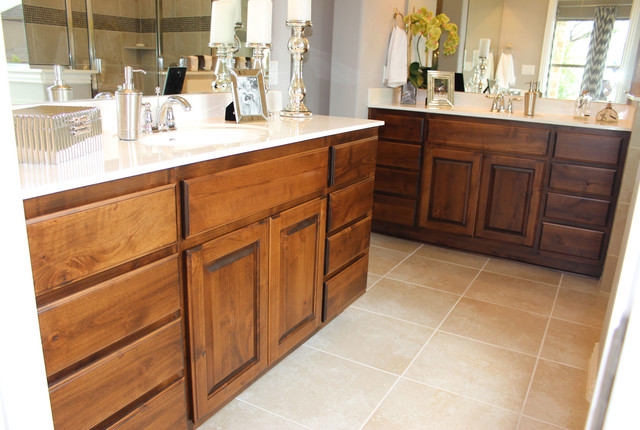 Master Bath With Knotty Alder Cabinets And White Counter Tops