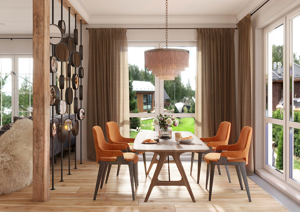 Загородный дом, гостиная и столовая зоны