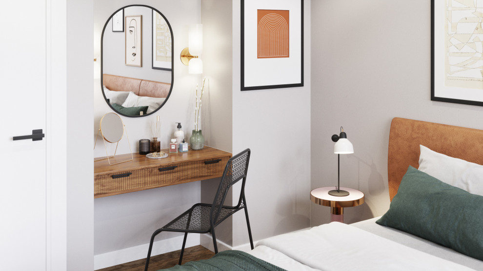 Cette image montre une chambre grise et rose minimaliste de taille moyenne avec un mur gris, un sol en bois brun, un sol marron et un plafond décaissé.