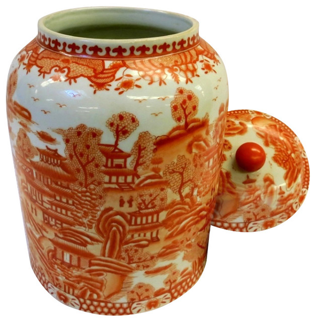 City Orange and White Porcelain Jar 12" Asian Decorative