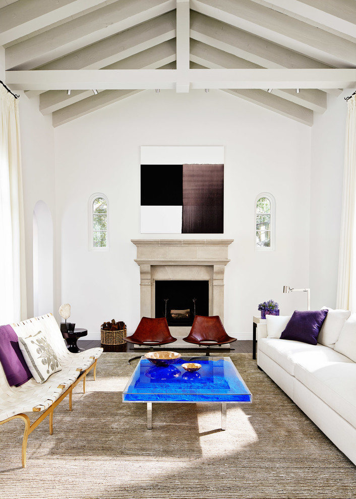 Inspiration for a large transitional formal living room in San Francisco with white walls, dark hardwood floors, a standard fireplace, a stone fireplace surround and no tv.