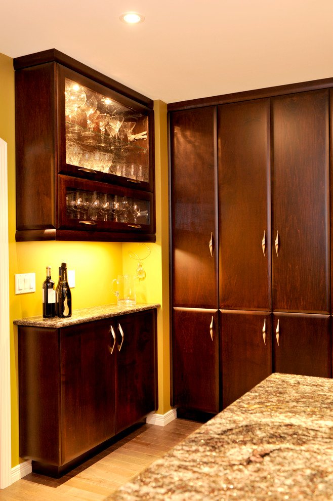Transitional dark wood floor kitchen photo in Toronto with a double-bowl sink, flat-panel cabinets, dark wood cabinets, granite countertops, mirror backsplash, stainless steel appliances and an island