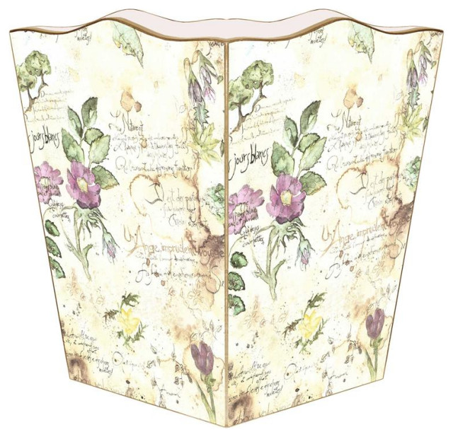 French Watercolor Wood Wastepaper Basket Contemporary Wastebaskets