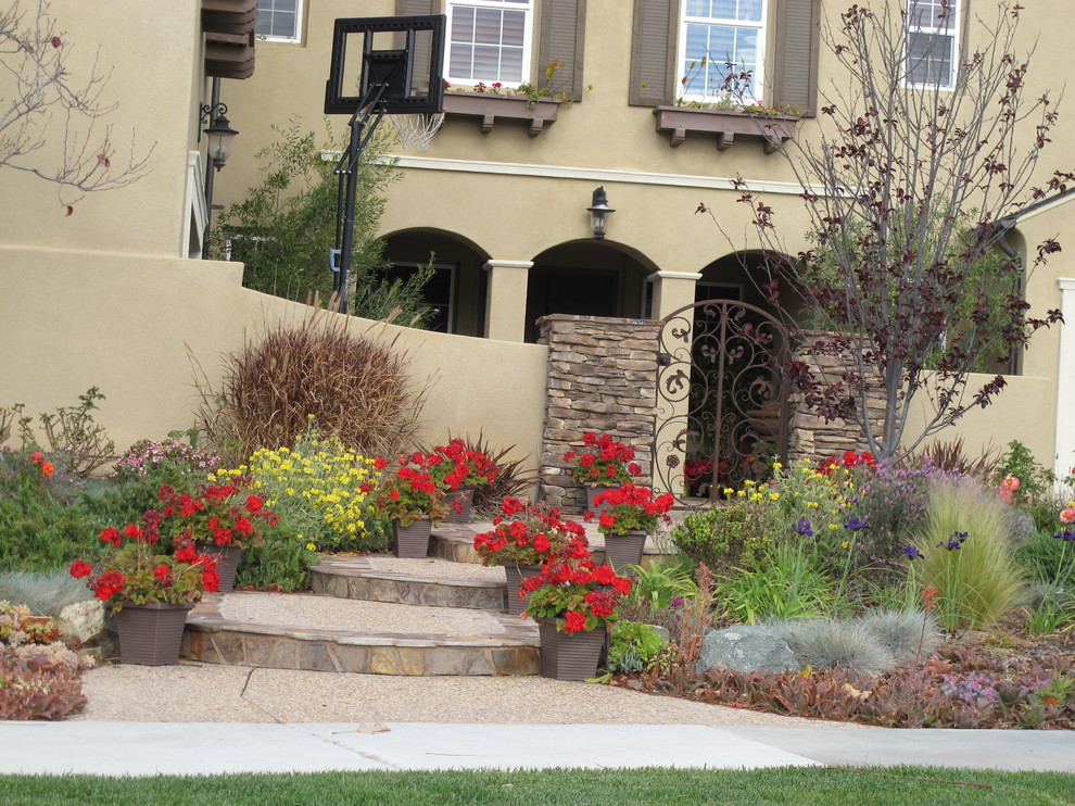 Large mediterranean front yard full sun formal garden in San Diego with natural stone pavers.