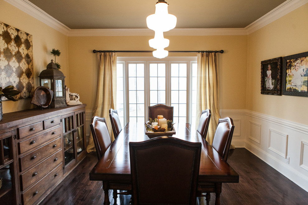 Photo of a mid-sized traditional separate dining room in Nashville with yellow walls, dark hardwood floors and brown floor.
