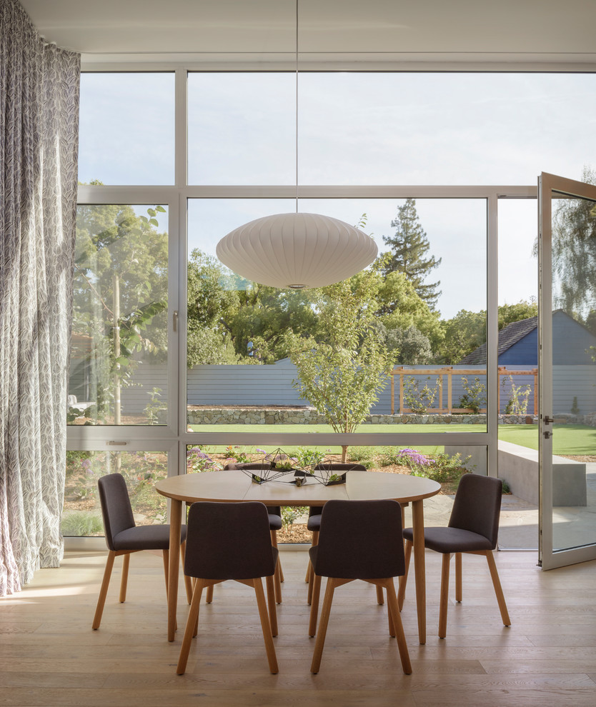 This is an example of an expansive contemporary dining room in San Francisco with light hardwood floors and brown floor.