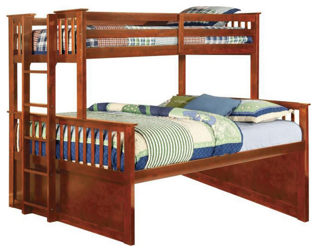Slatted XL Twin Over Queen Bunk Bed With Side Ladder, Oak Brown