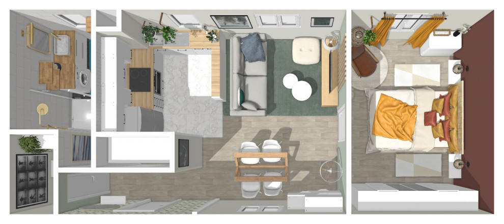 Inspiration för ett mellanstort minimalistiskt huvudsovrum, med röda väggar, ljust trägolv och brunt golv