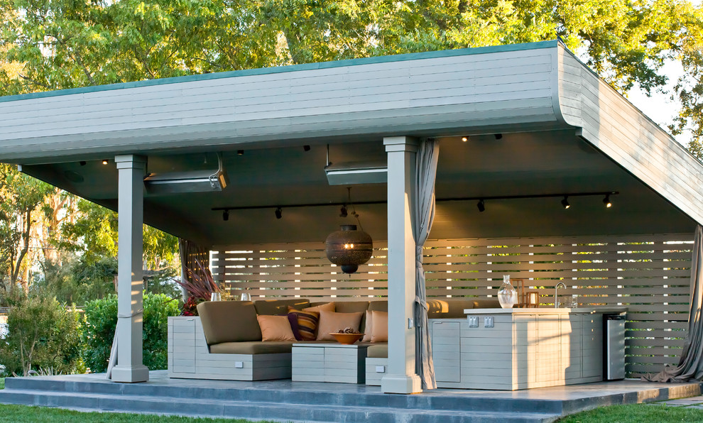 Design ideas for a contemporary backyard patio in San Francisco with an outdoor kitchen and a gazebo/cabana.
