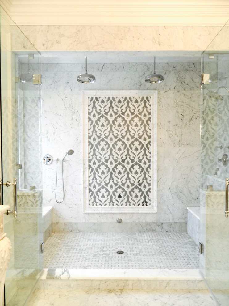 Expansive traditional master bathroom in Other with furniture-like cabinets, dark wood cabinets, a claw-foot tub, a double shower, a two-piece toilet, white tile, stone tile, grey walls, marble floors, an undermount sink and marble benchtops.