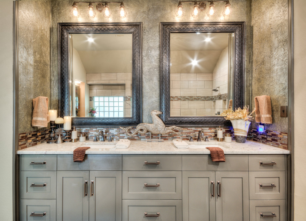 Design ideas for a large traditional master bathroom in Austin with shaker cabinets, grey cabinets, a drop-in tub, a curbless shower, beige tile, matchstick tile, beige walls, slate floors, an undermount sink, marble benchtops, grey floor, an open shower and white benchtops.