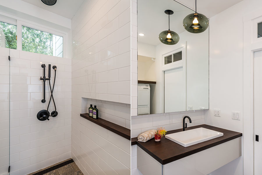 Mid-sized contemporary 3/4 bathroom in San Francisco with flat-panel cabinets, white cabinets, an open shower, a one-piece toilet, white tile, subway tile, white walls, ceramic floors, a wall-mount sink, wood benchtops, multi-coloured floor and an open shower.