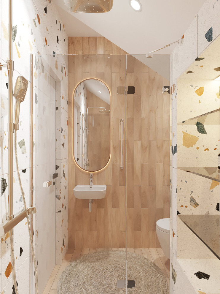 Idéer för små minimalistiska badrum med dusch, med våtrum och dusch med gångjärnsdörr