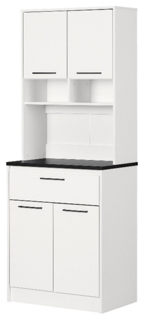 Pemberly Row Pantry Cabinet with Microwave Hutch Faux Black Stone and White