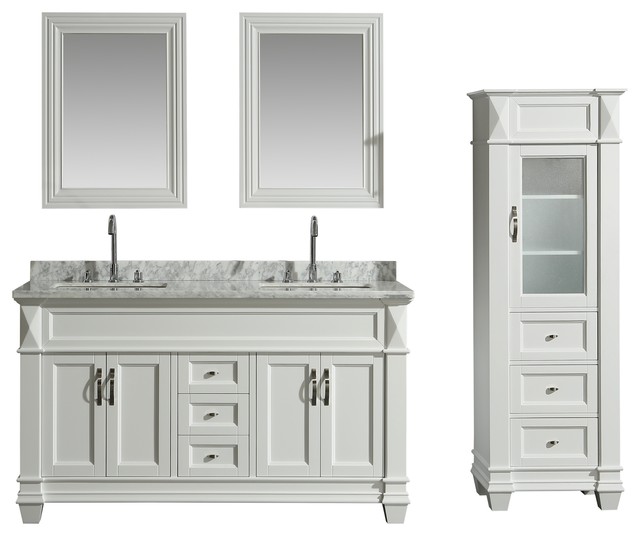 Double Sink Vanity Set With Marble Top, Double Bathroom Vanity With Linen Tower