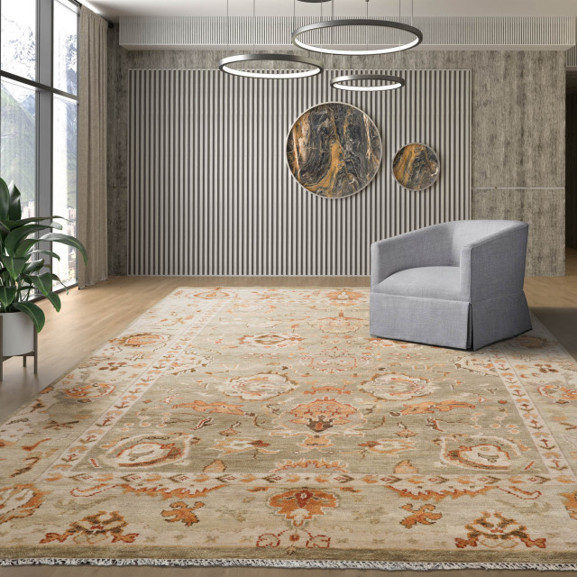 LoomBloom Muted Turkish Oushak Hand Knotted Area Rug, Moss Color 12x14 -  Mediterranean - Area Rugs - by Oriental Rug Of Houston | Houzz