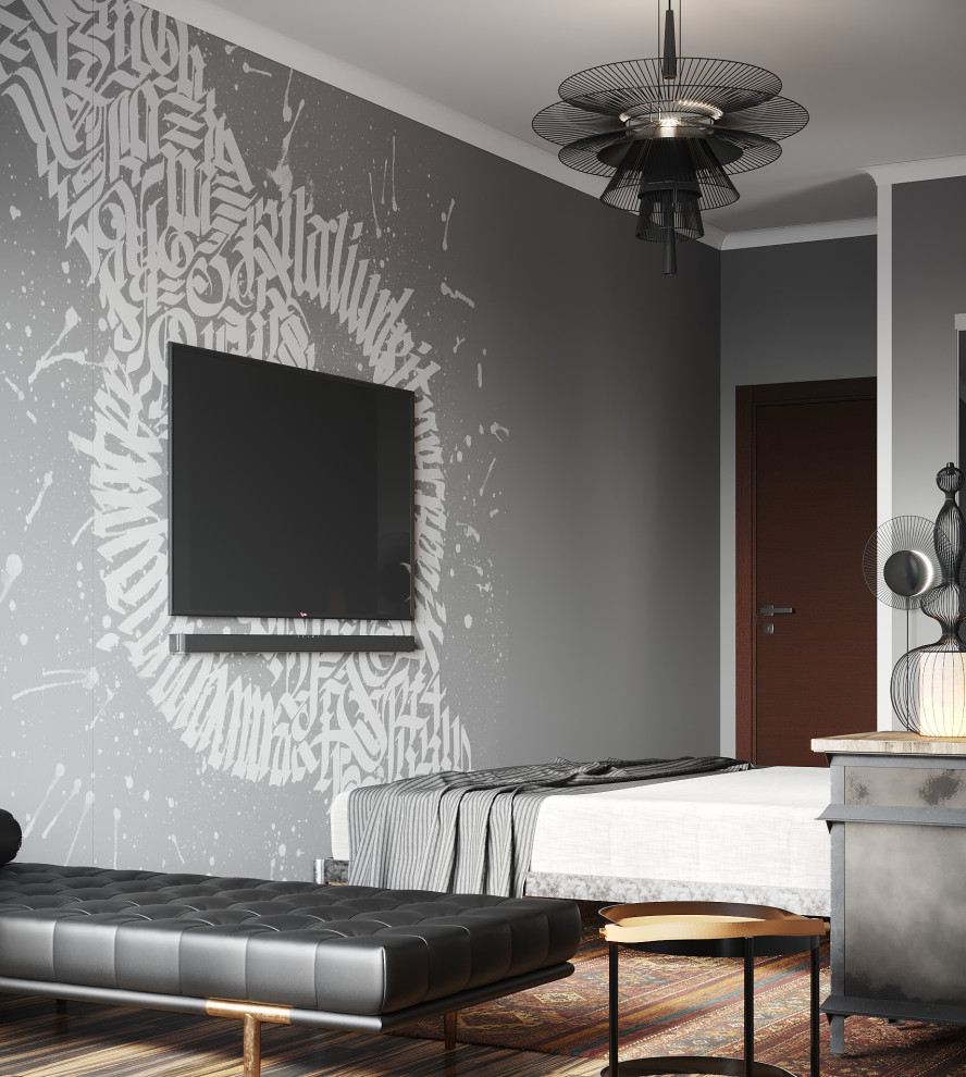 Idee per una camera matrimoniale contemporanea di medie dimensioni con pareti grigie e pavimento in vinile