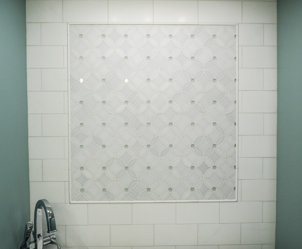 Inspiration for a mid-sized transitional master multicolored tile and ceramic tile ceramic tile and gray floor home design remodel with furniture-like cabinets, white cabinets, a two-piece toilet, white walls, an undermount sink, quartz countertops and a hinged shower door