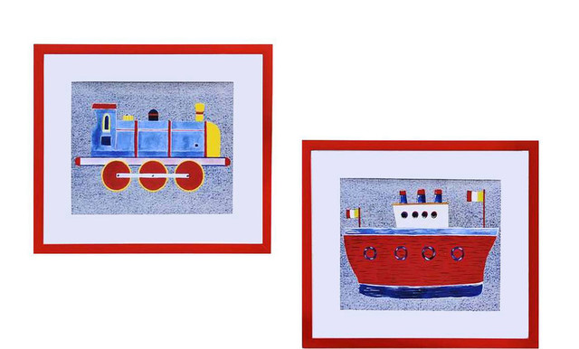 Framed Boat and Train Prints, 2 Piece Set