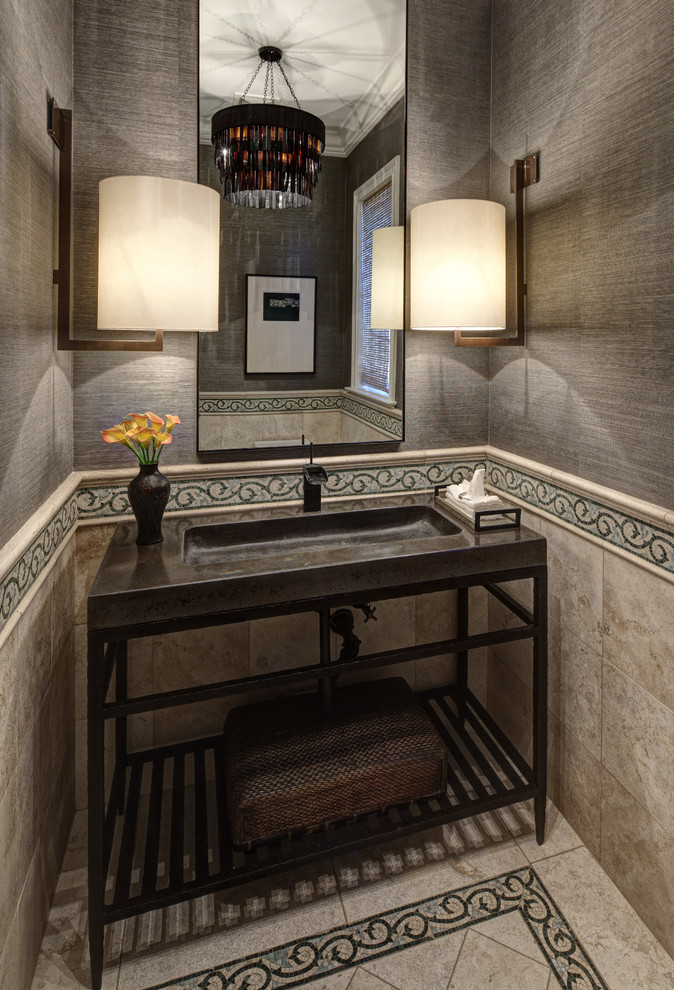 Design ideas for a traditional powder room in Chicago with an integrated sink, open cabinets, concrete benchtops and beige tile.