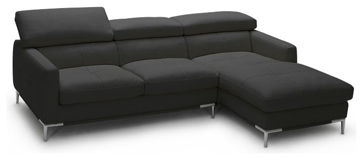 Italian Black Leather Sectional Sofa W/ Adjustable Headrest, Right Facing Chaise