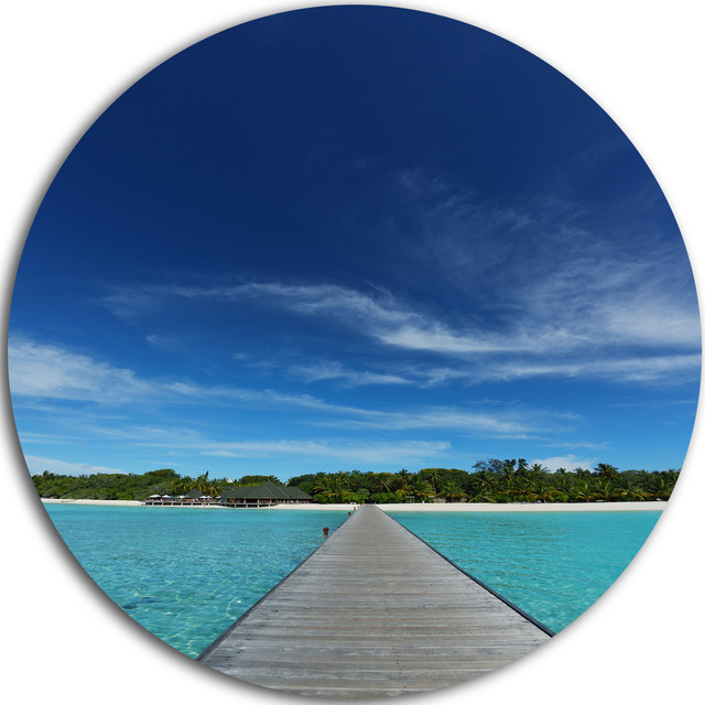 Infinite Sea Pier, Seascape Photo Round Metal Wall Art Beach Style