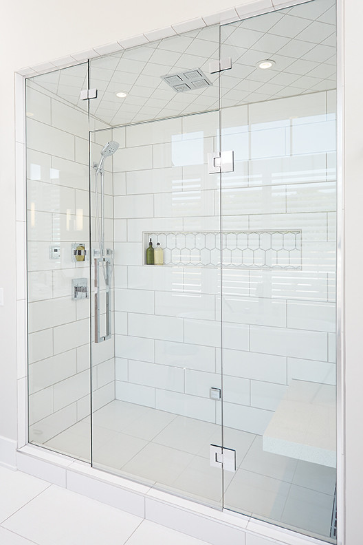 Design ideas for a large country master bathroom in Grand Rapids with an open shower, white tile, subway tile, white walls and ceramic floors.