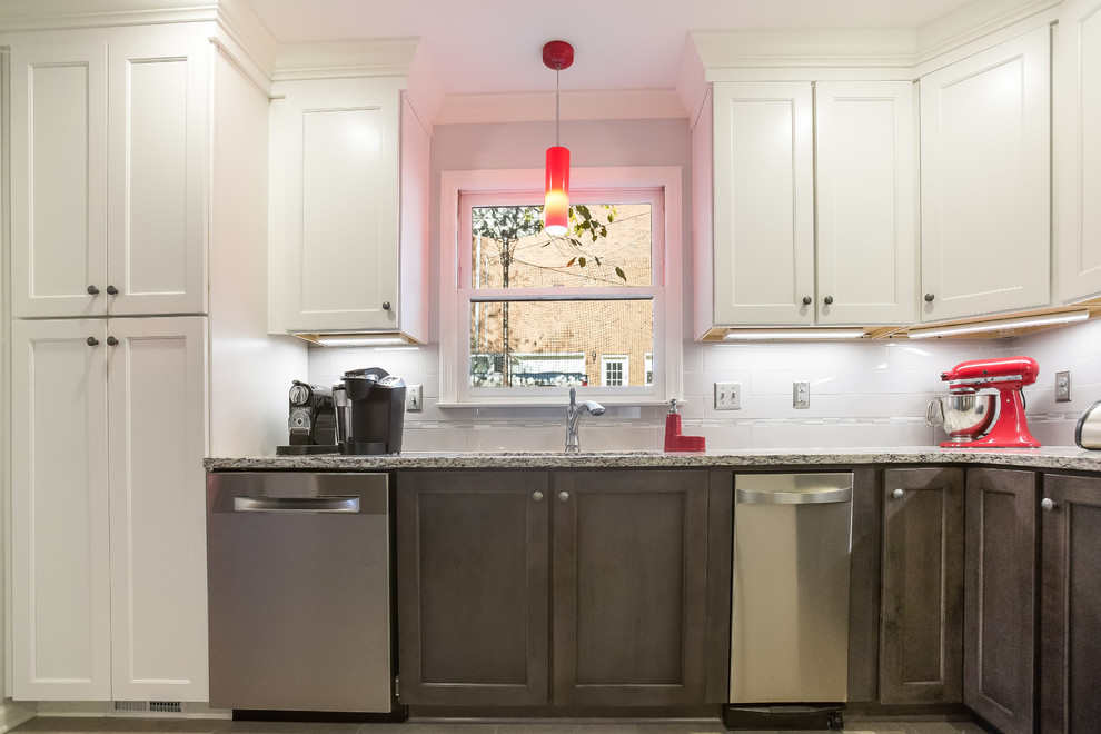 Inspiration for a mid-sized transitional u-shaped porcelain tile enclosed kitchen remodel in Birmingham with a double-bowl sink, shaker cabinets, granite countertops, gray backsplash, ceramic backsplash, stainless steel appliances and no island