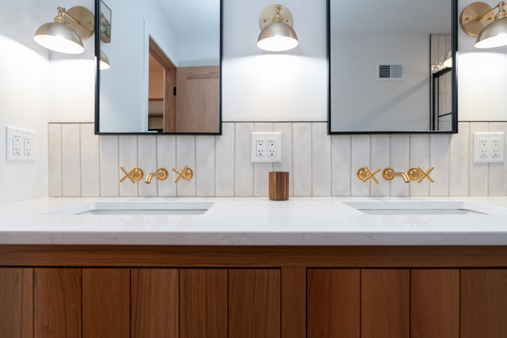 Bathroom - transitional beige tile and subway tile ceramic tile, gray floor and double-sink bathroom idea in Other with furniture-like cabinets, brown cabinets, white walls, white countertops and a freestanding vanity