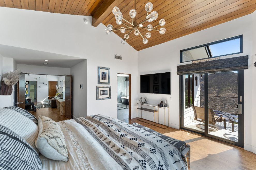 Photo of an expansive contemporary master bedroom in Los Angeles with white walls, medium hardwood flooring, brown floors and a vaulted ceiling.