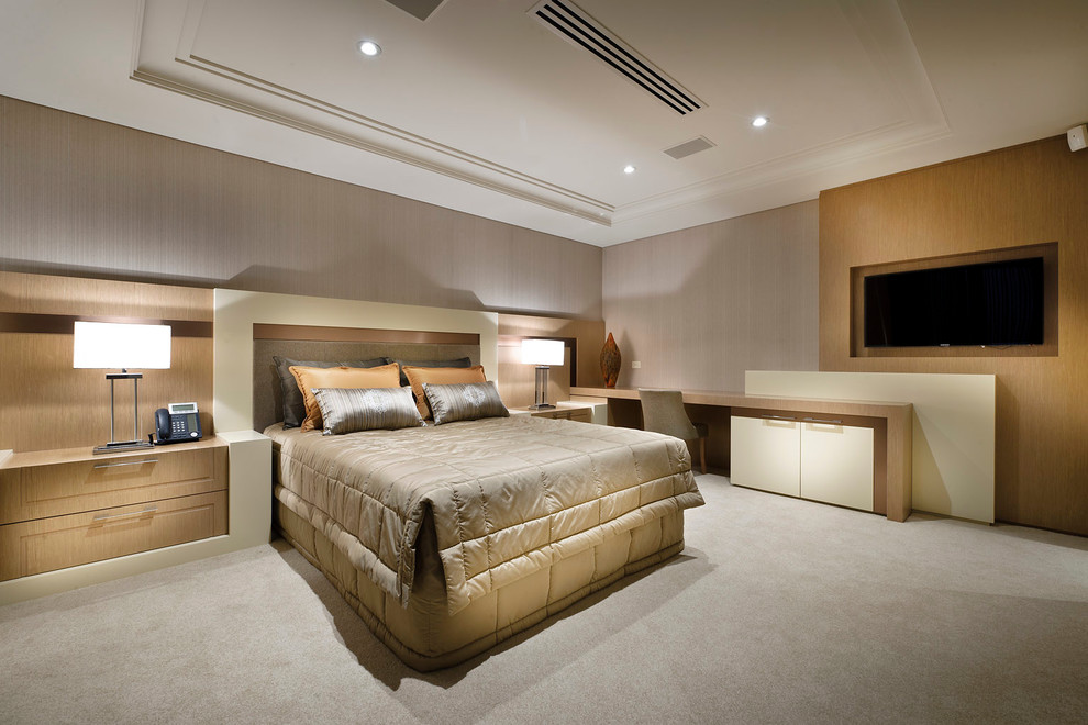 Design ideas for a contemporary master bedroom in Perth with carpet and grey walls.