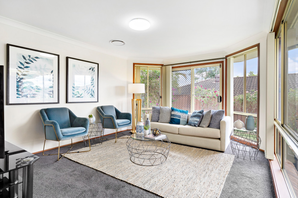 Esempio di un grande soggiorno design con pareti beige, moquette, TV autoportante e pavimento grigio