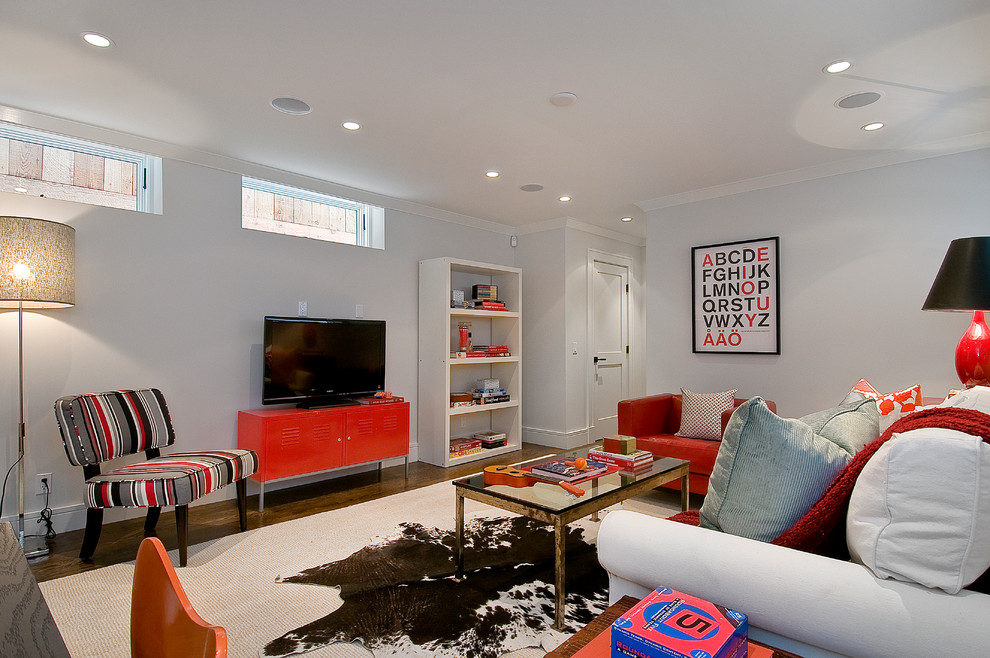 Example of a transitional family room design in San Francisco with gray walls