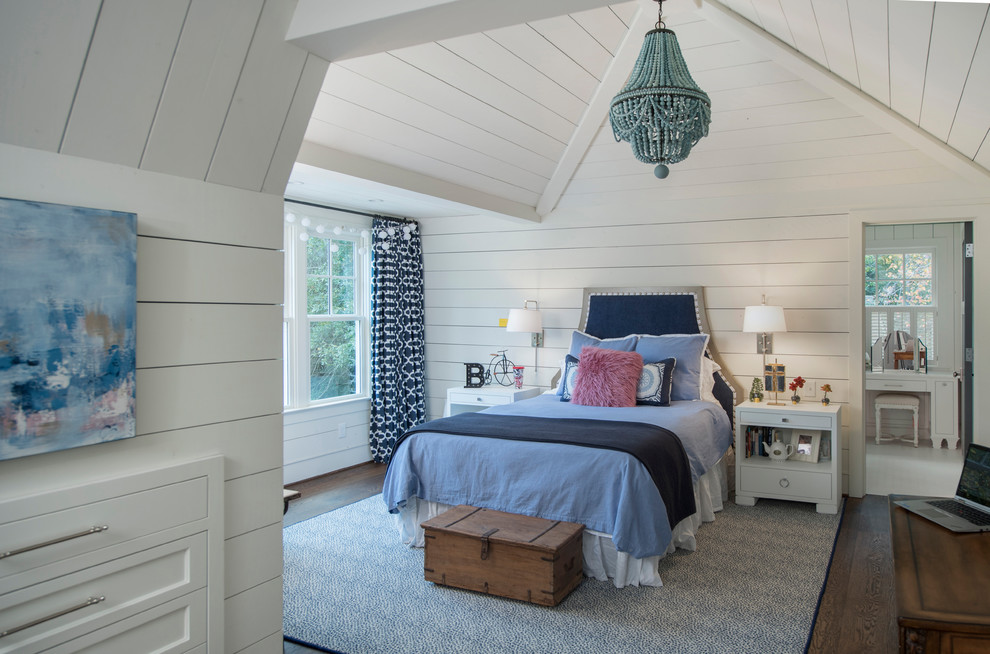 Design ideas for a large transitional kids' room for girls in Atlanta with white walls, dark hardwood floors and brown floor.