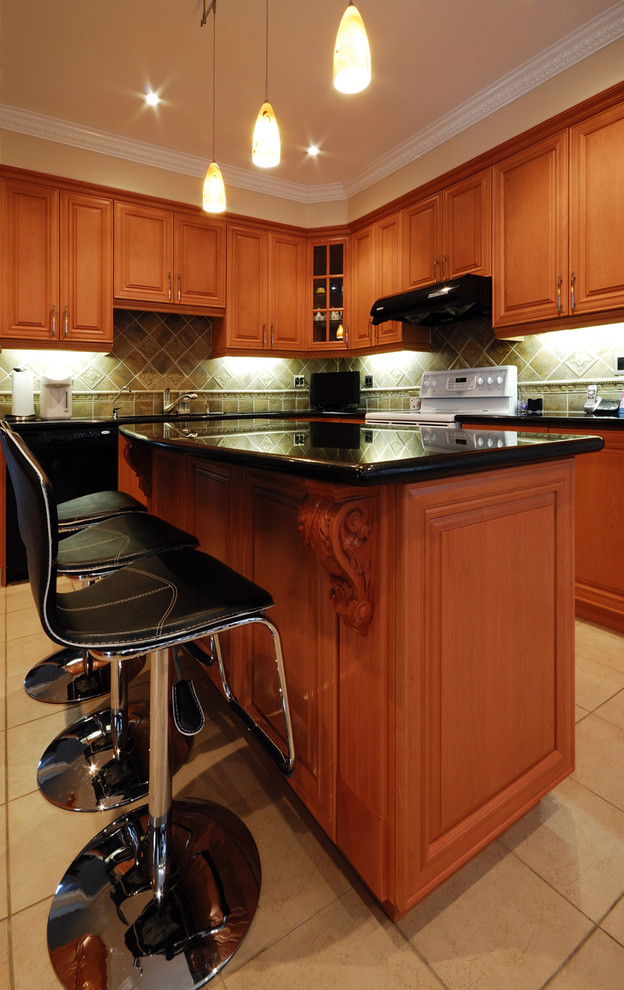 Inspiration for a kitchen remodel in Toronto with medium tone wood cabinets, beige backsplash, white appliances and an island