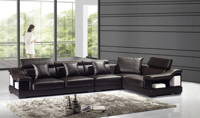 Dark Chocolate Storage Leather Sectional Sofa Set Adjustable Headrest
