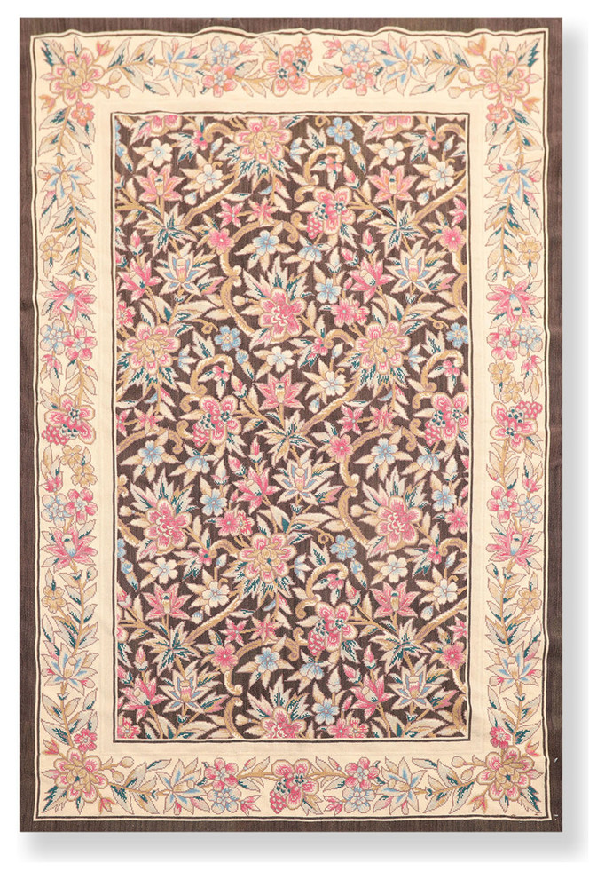 Brown Beige Color French Aubusson Needlepoint Rug, 4'x6', 4x6 French