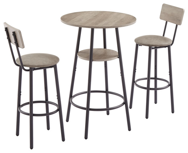 Bar Round Table Set With 2 Bar Stools PU Soft Seat With Backrest Gray