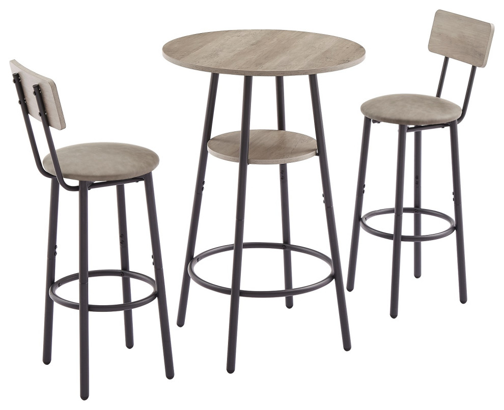 Bar Round Table Set With 2 Bar Stools PU Soft Seat With Backrest Gray