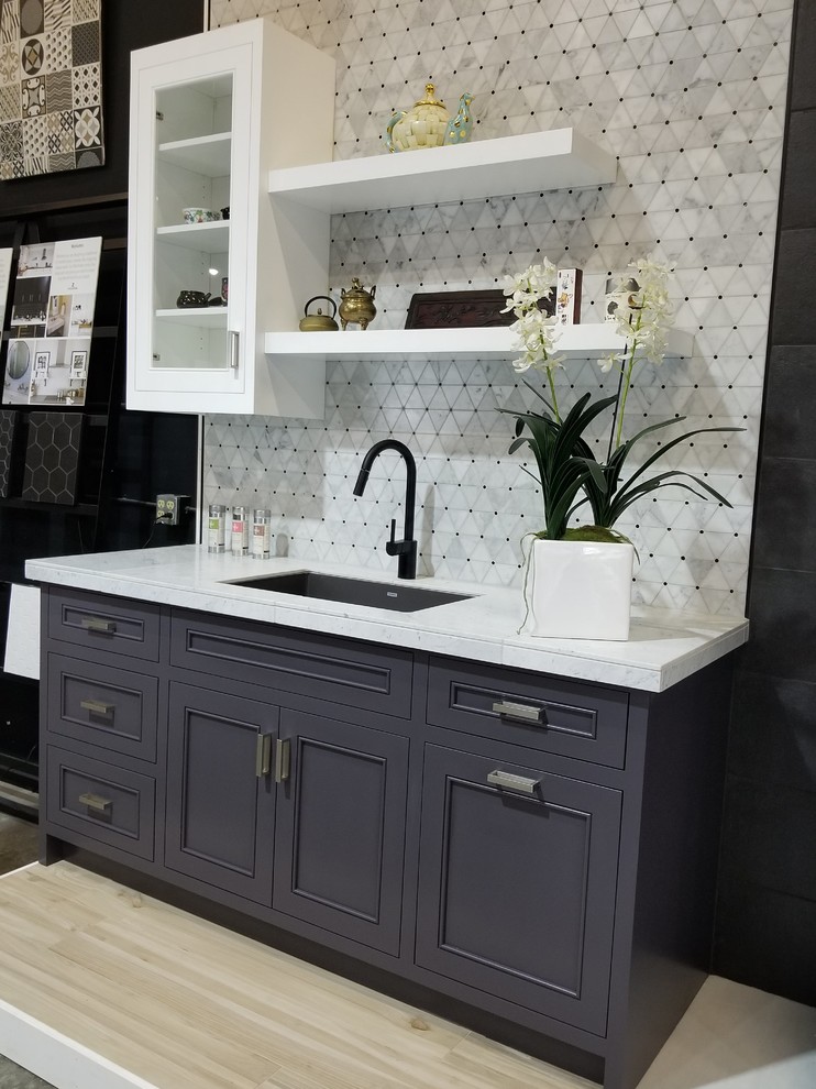 Small contemporary single-wall open plan kitchen in Portland with beaded inset cabinets, purple cabinets, multi-coloured splashback, marble splashback, no island, yellow benchtop and marble benchtops.