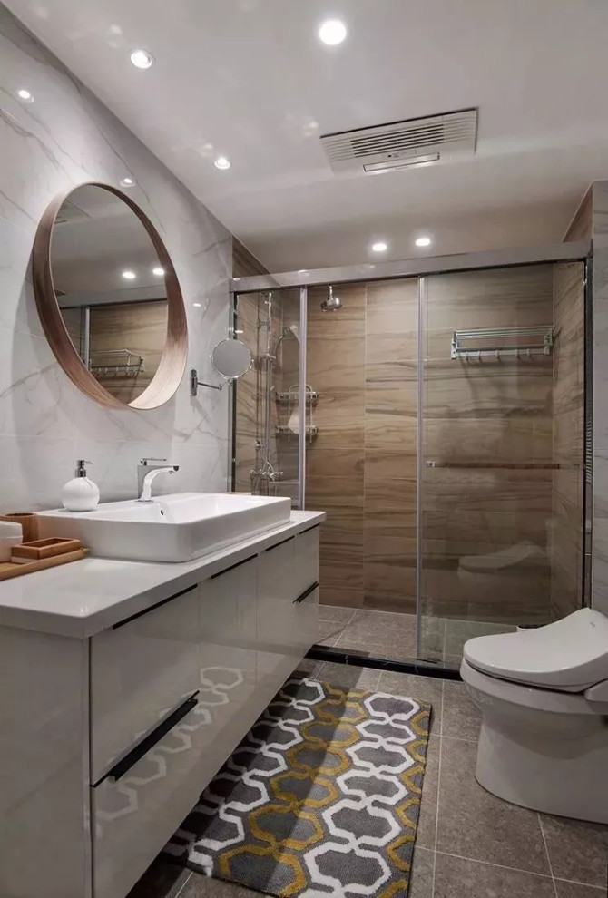 Inspiration for a medium sized contemporary ensuite bathroom in Other with open cabinets, grey cabinets, a freestanding bath, a corner shower, a one-piece toilet, white tiles, cement tiles, white walls, marble flooring, a pedestal sink, marble worktops, white floors, a hinged door, grey worktops, a wall niche and double sinks.