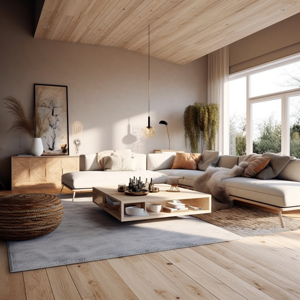 Ispirazione per un soggiorno scandinavo con parquet chiaro, nessun camino, nessuna TV e pavimento marrone