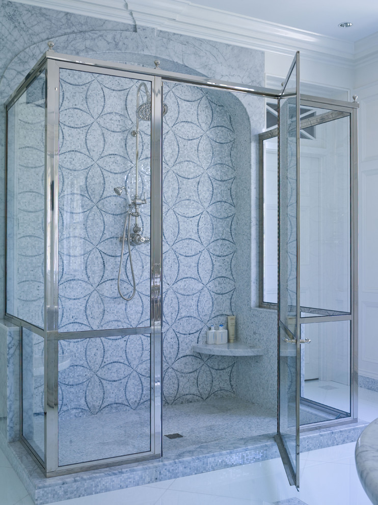 Inspiration for a traditional bathroom in New York with an alcove shower, gray tile and mosaic tile.
