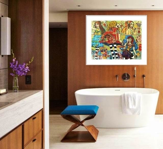 Inspiration for a mid-sized contemporary master bathroom in New York with flat-panel cabinets, medium wood cabinets, a freestanding tub, white tile and brown walls.