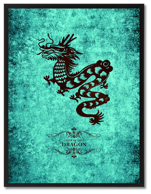 Dragon Chinese Zodiac Aqua Print on Canvas with Picture Frame, 13"x17"