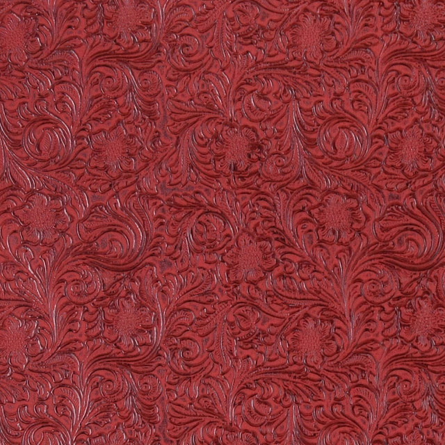 Red Tooled Floral Designed Upholstery Faux Leather By The Yard