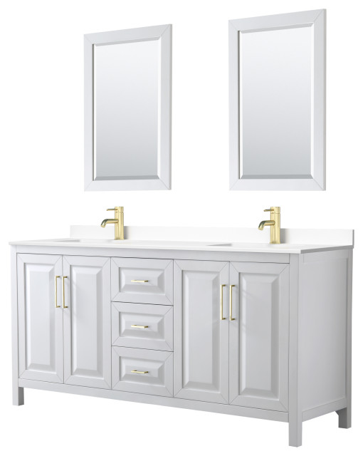 Daria 72" White Double Vanity, White Marble Top, 24" Mirrors, Brushed
